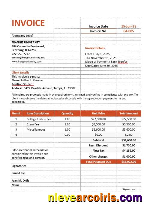 College Tuition Invoice